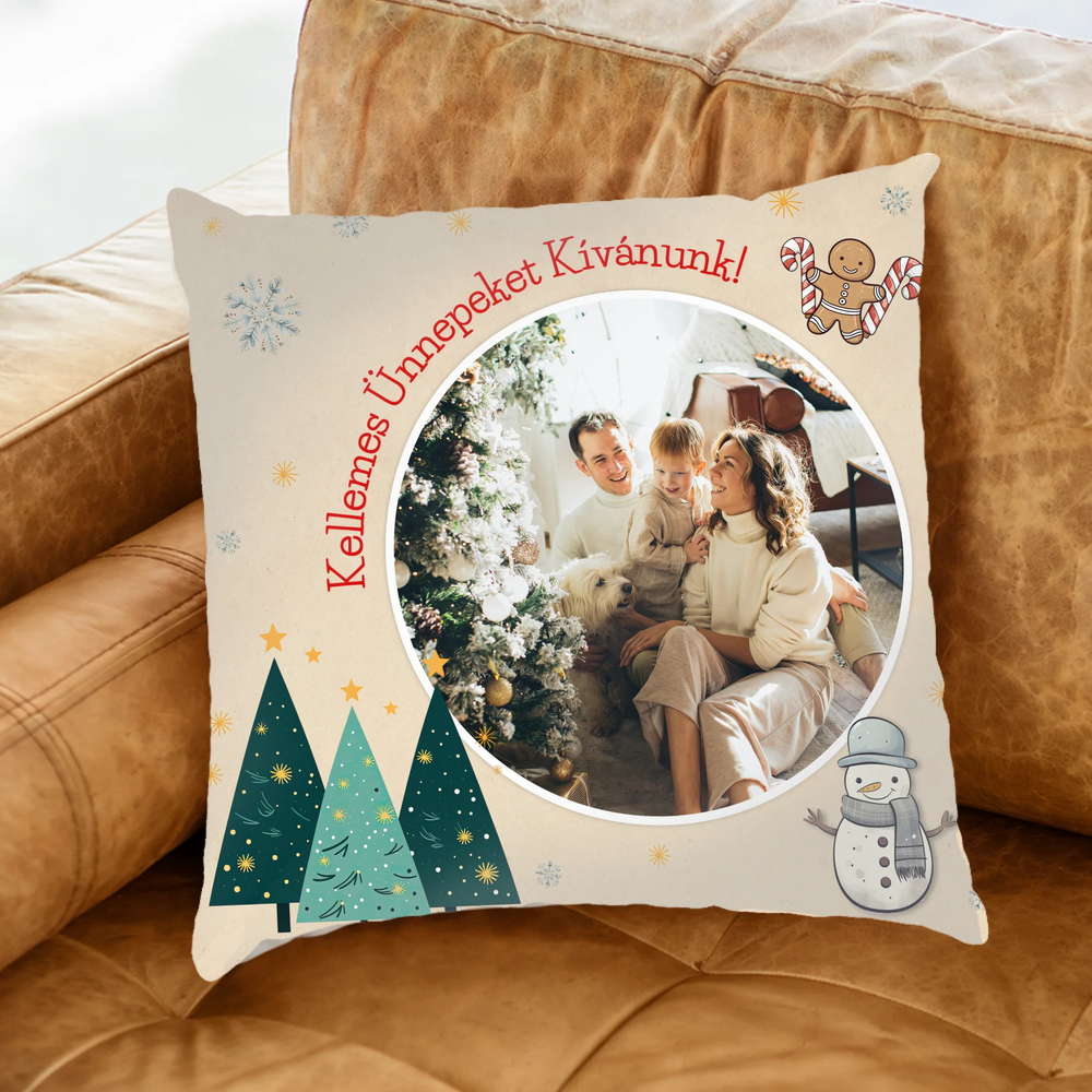 Családi fotós karácsonyi fullprint párna - egyedi felirattal