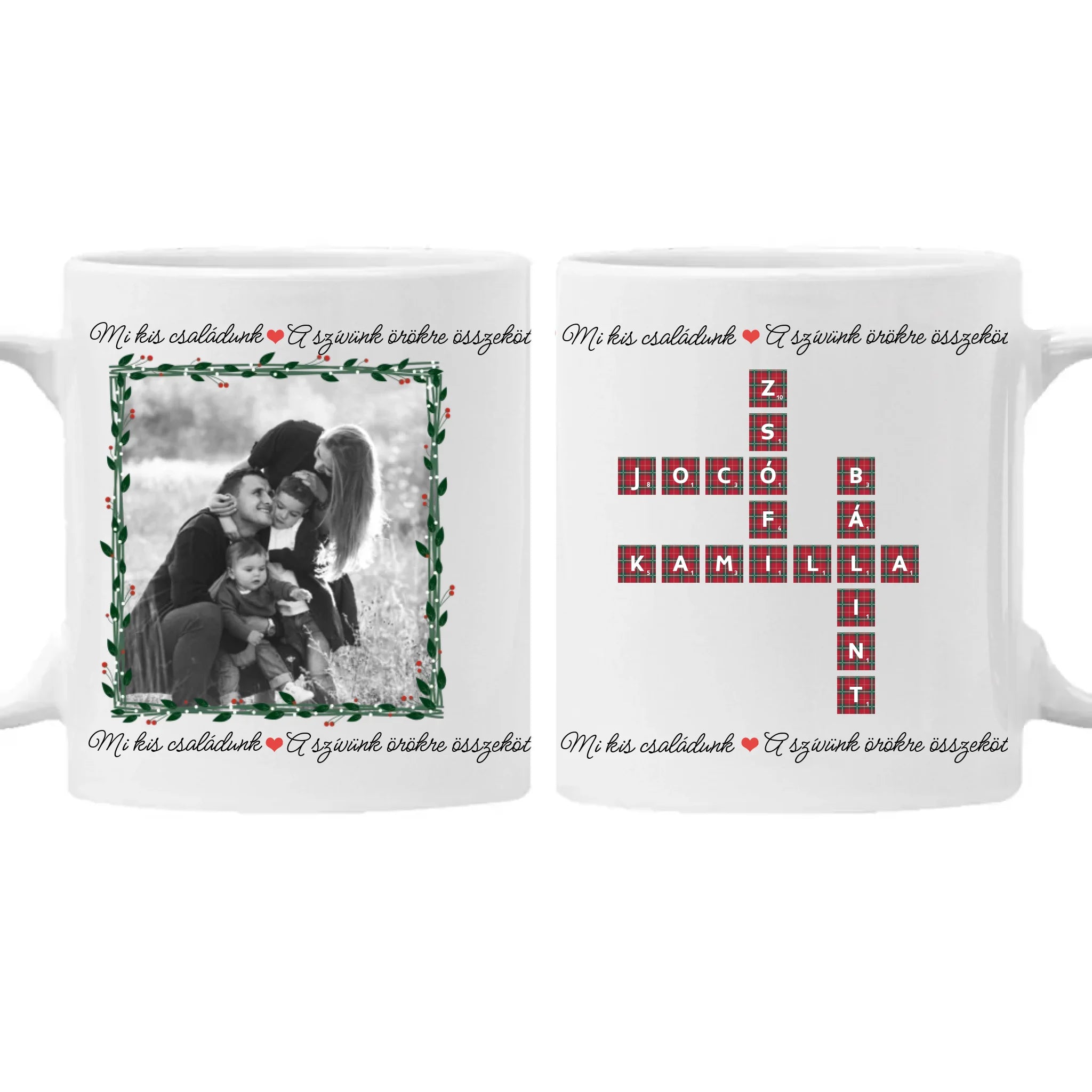 Mi kis családunk - egyedi képes karácsonyi ajándék bögre scrabble mintával