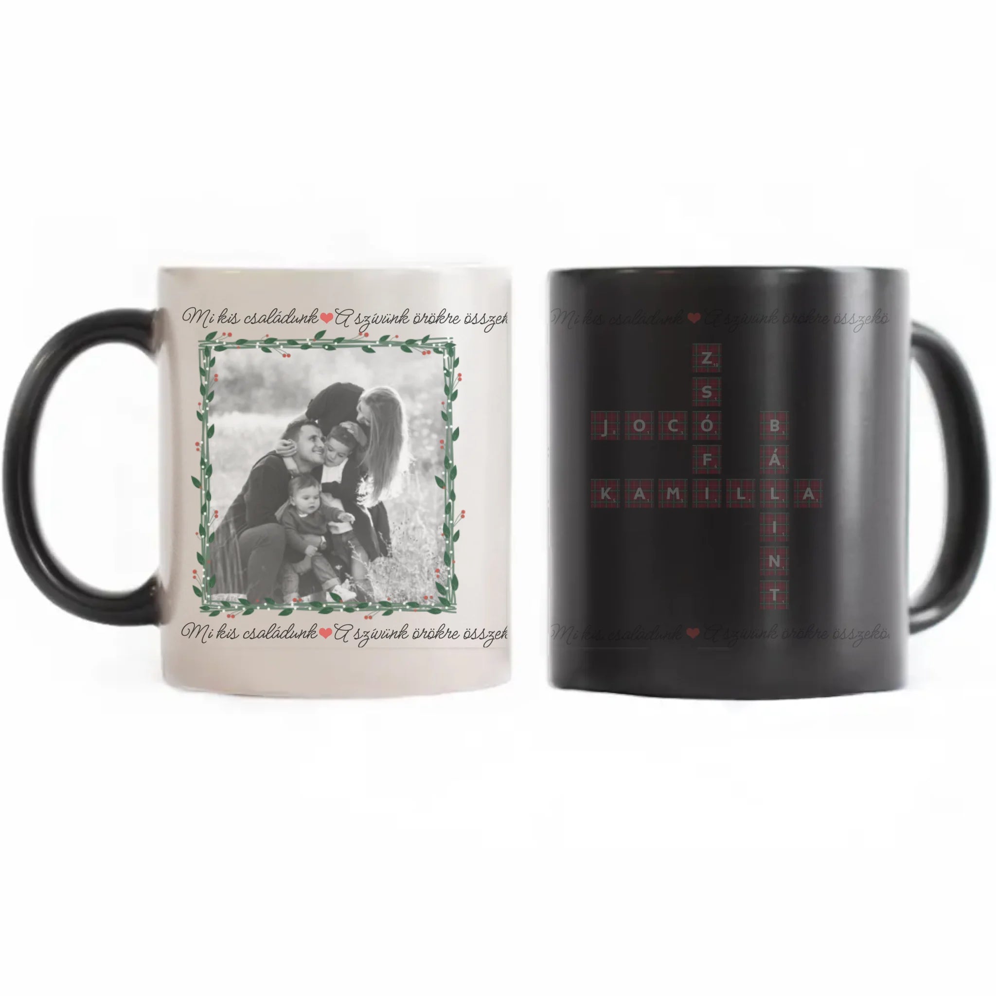Mi kis családunk - egyedi képes karácsonyi ajándék bögre scrabble mintával