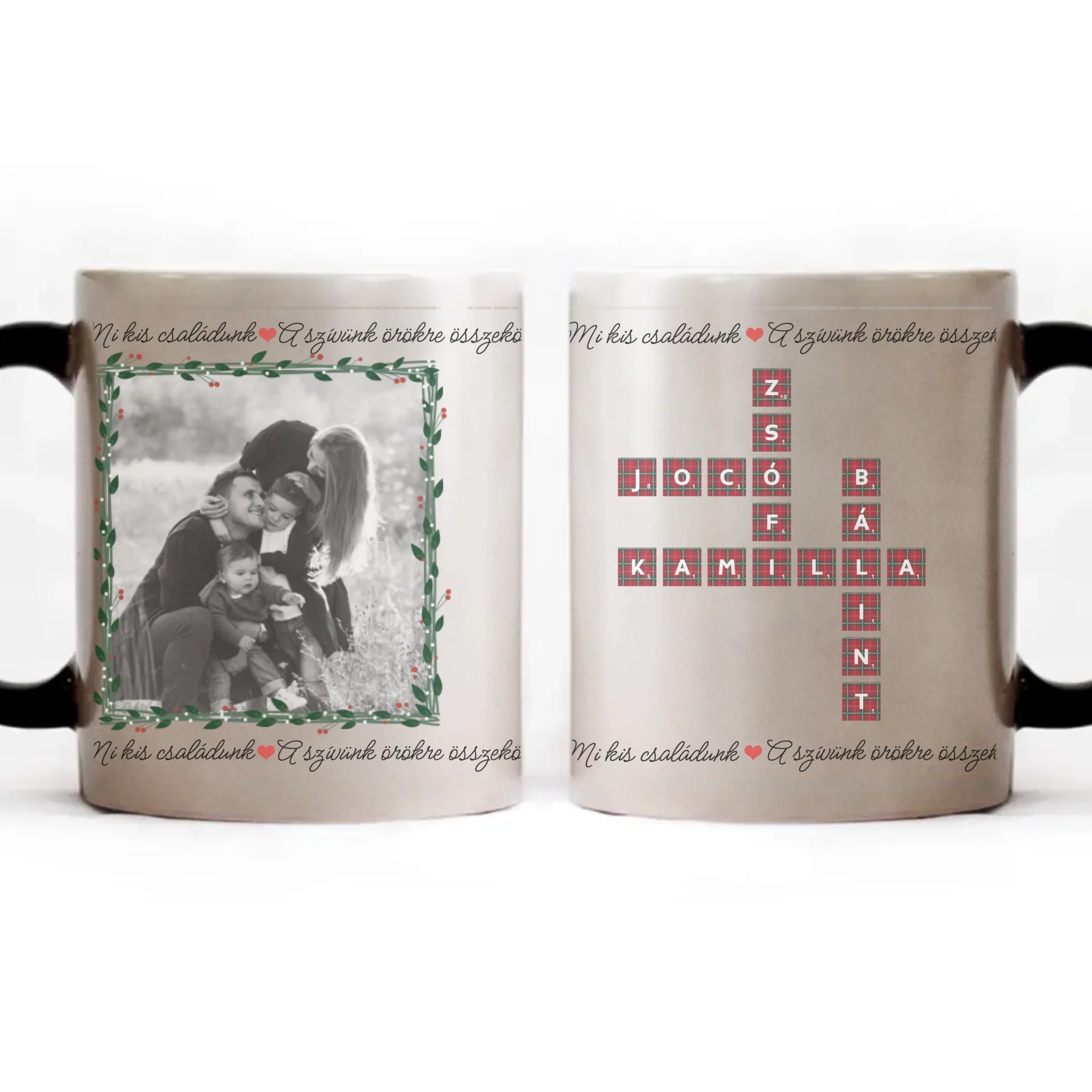 Mi kis családunk - egyedi képes karácsonyi ajándék bögre scrabble mintával