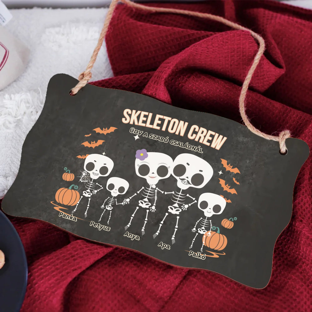 Személyre szabható őszi Halloweeni fali dekor tábla - Skeleton Crew családi ajándék