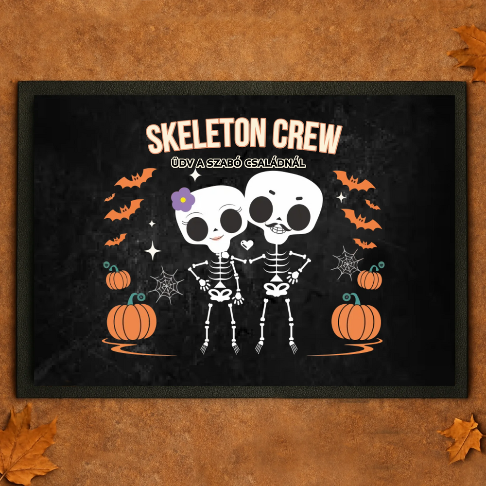Személyre szabható őszi Halloweeni lábtörlő - Skeleton Crew családi ajándék pároknak