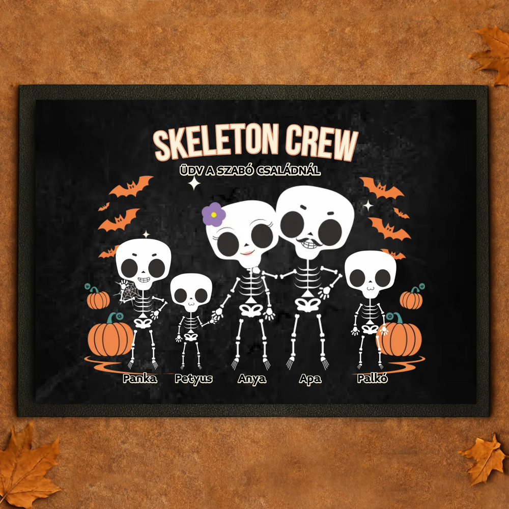 Személyre szabható őszi Halloweeni lábtörlő - Skeleton Crew családi ajándék