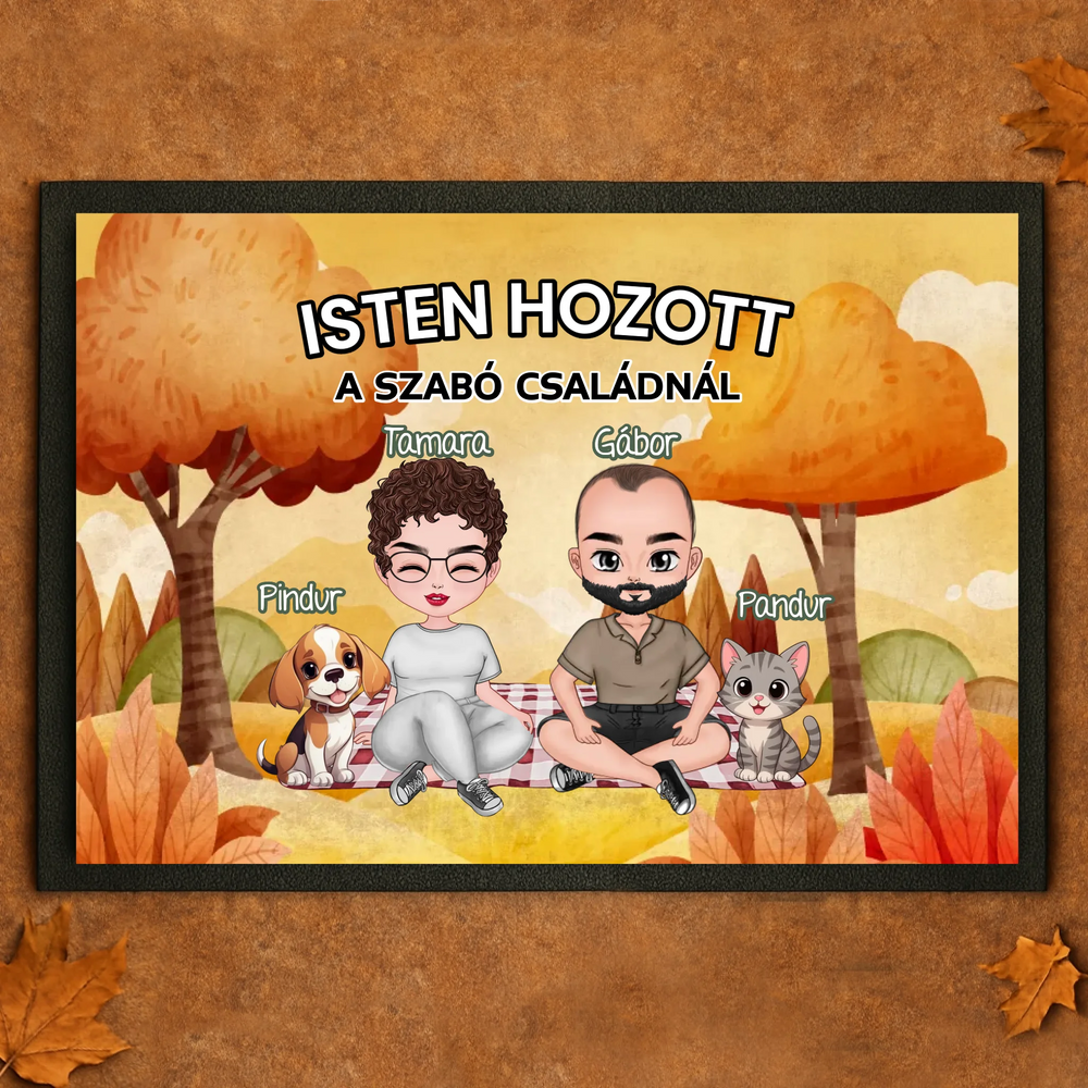 Személyre szabható őszi lábtörlő kisállatokkal - egyedi ajándék pároknak