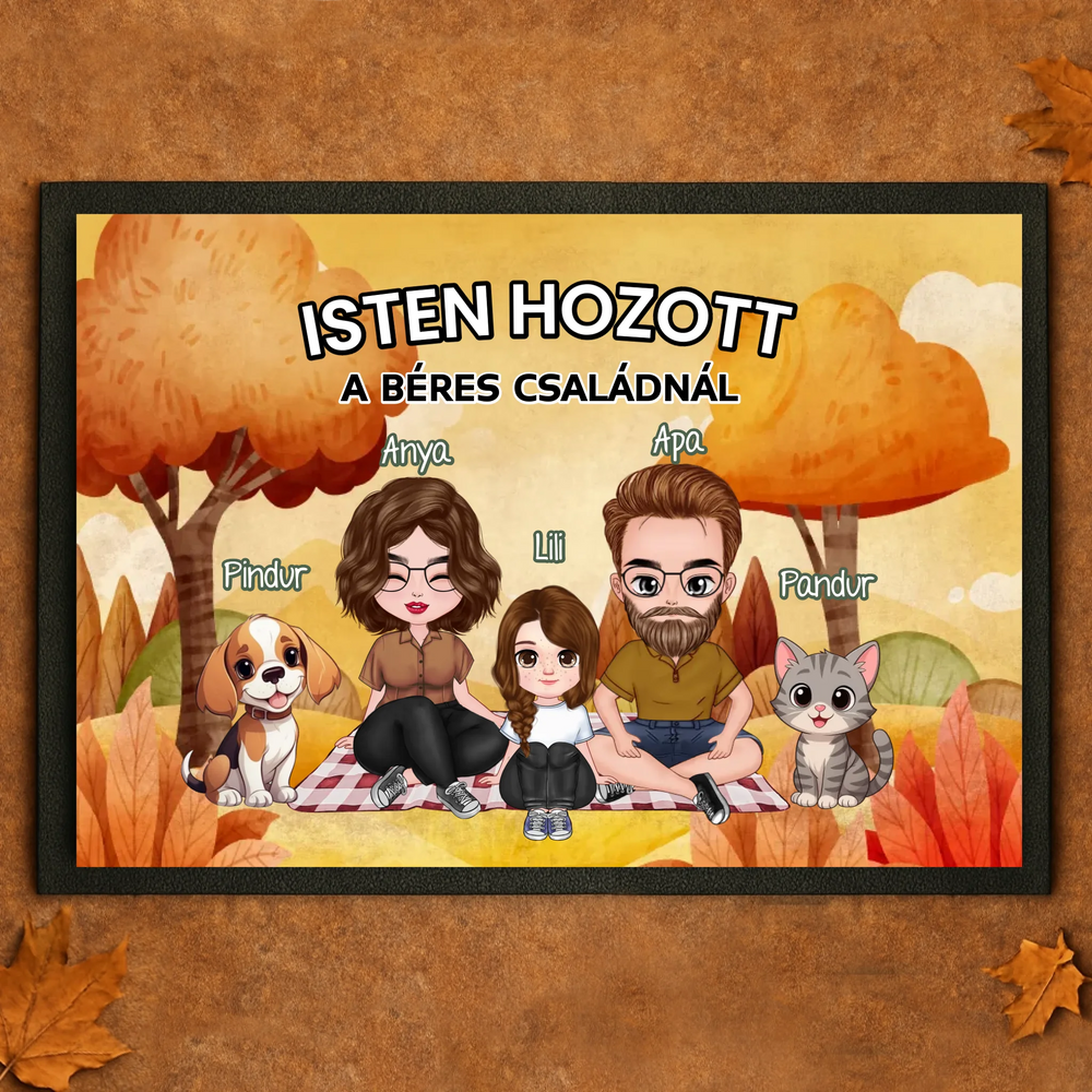 Személyre szabható őszi lábtörlő kisállatokkal- egyedi családi ajándék