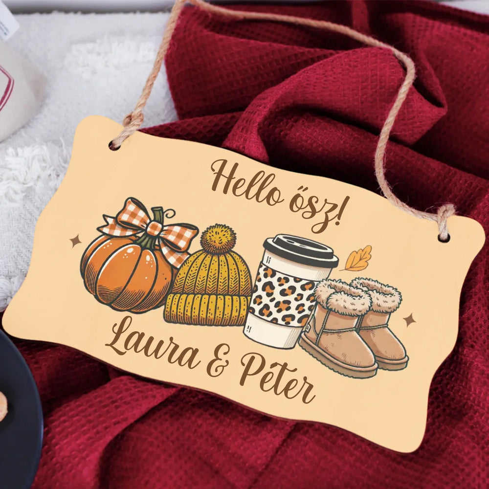 Őszi ajtódísz fatábla egyedi névvel és felirattal