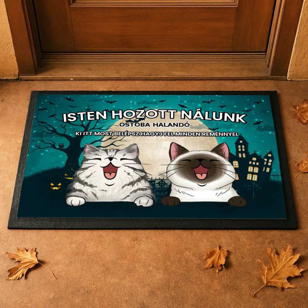 Személyre szabható Halloween lábtörlő - egyedi macskás ajándék