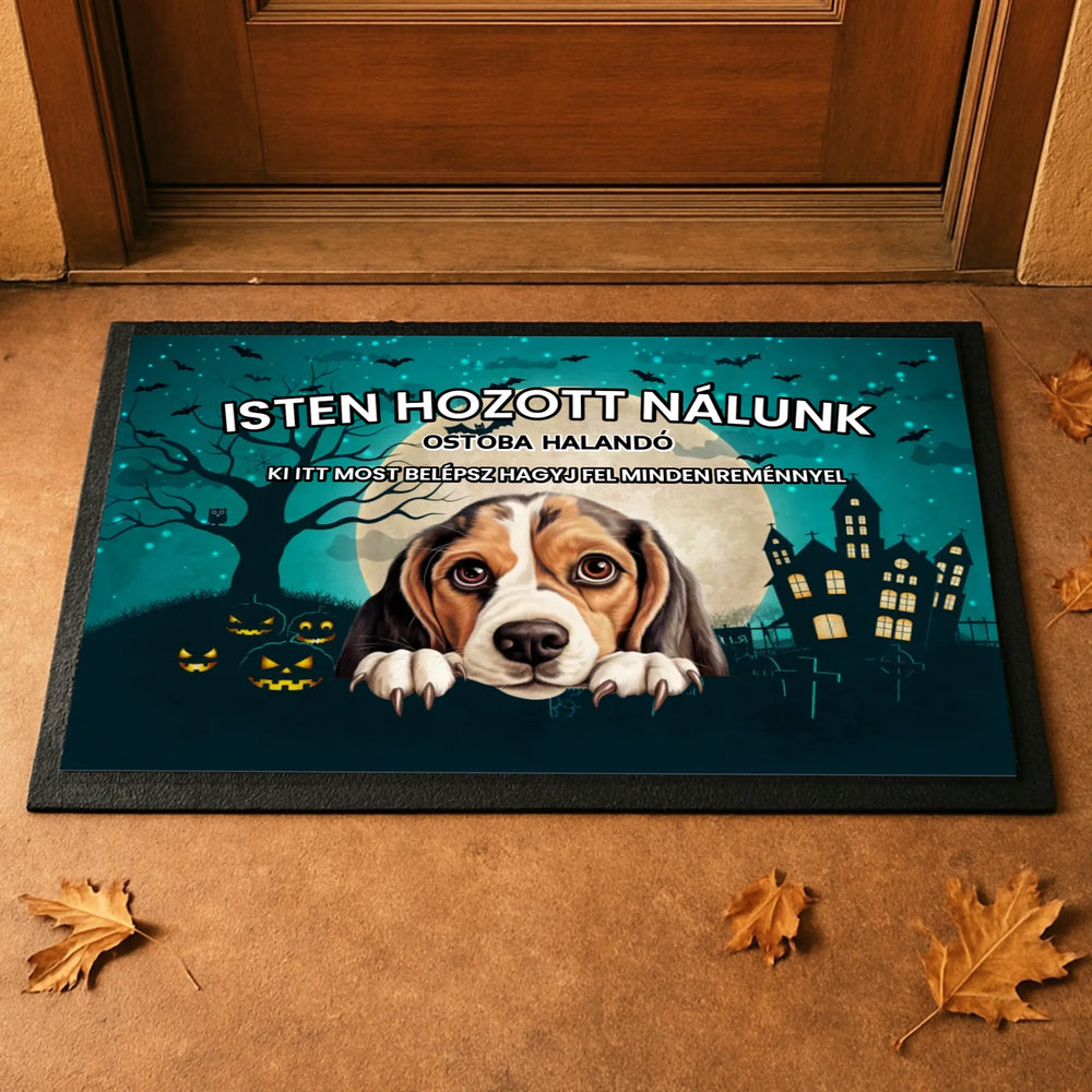 Személyre szabható Halloween lábtörlő - egyedi kutyás ajándék