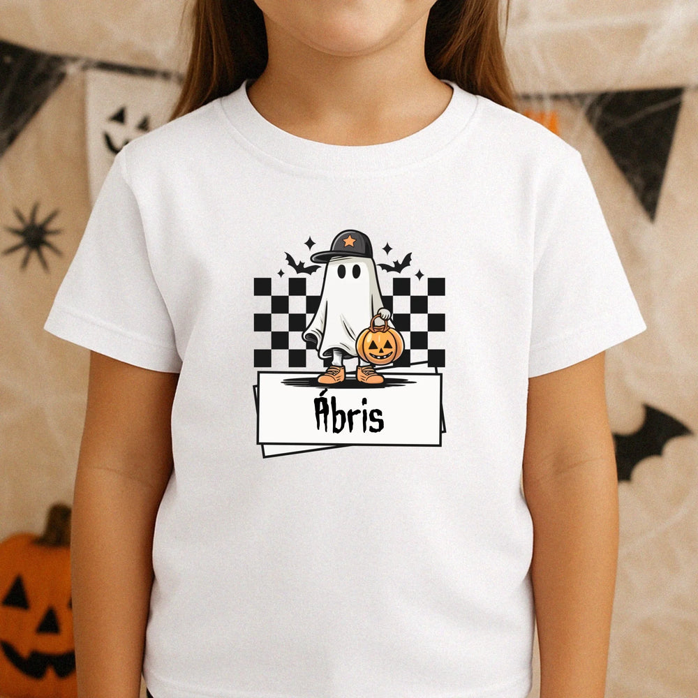 Halloweeni szellem mintás gyerek póló egyedi névvel