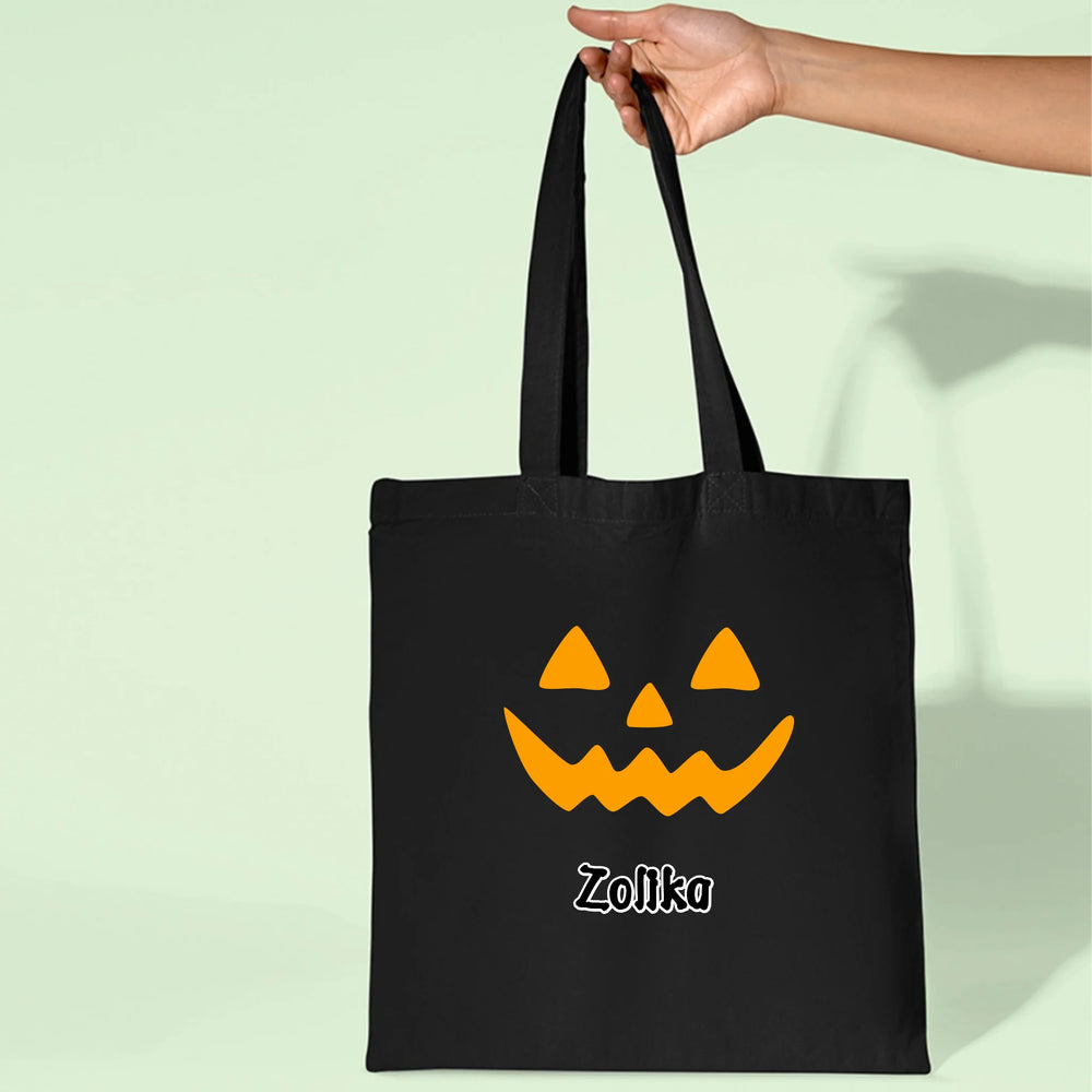 Halloweeni fekete vászontáska szerkeszthető mintával és egyedi névvel