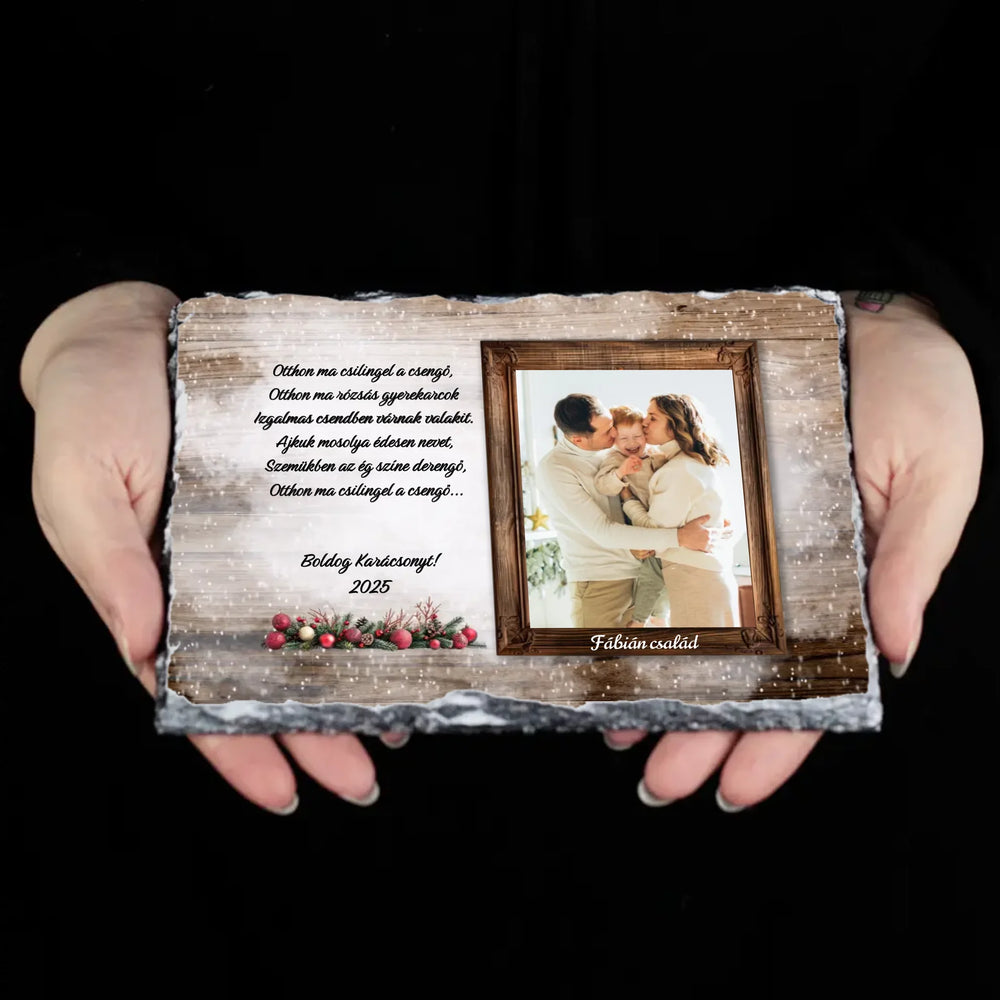 Karácsonyi gránitlap családi fotóval és egyedi felirattal