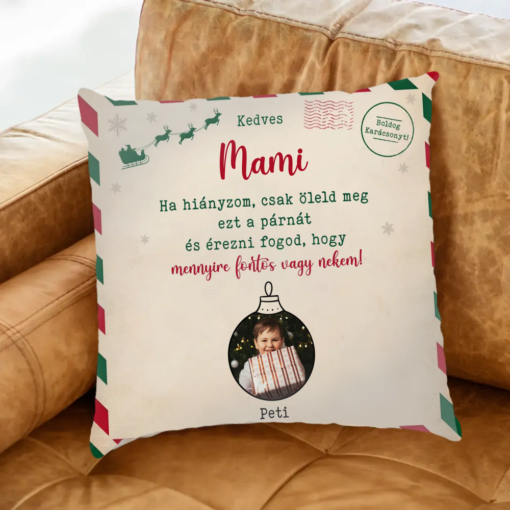Egyedi karácsonyi fullprint párna fotóval és nevekkel - ajándék családtagoknak
