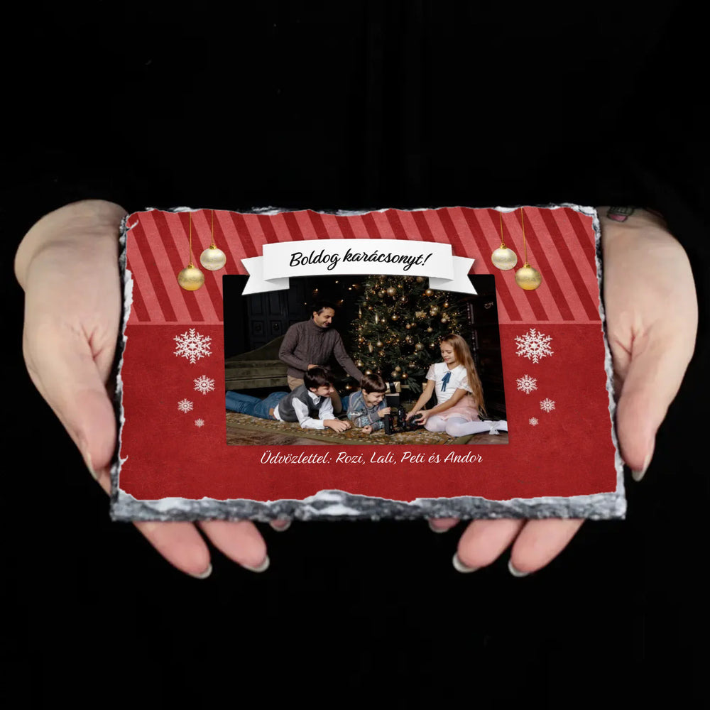 Karácsonyi gránitlap felirattal egyedi névvel és fotóval