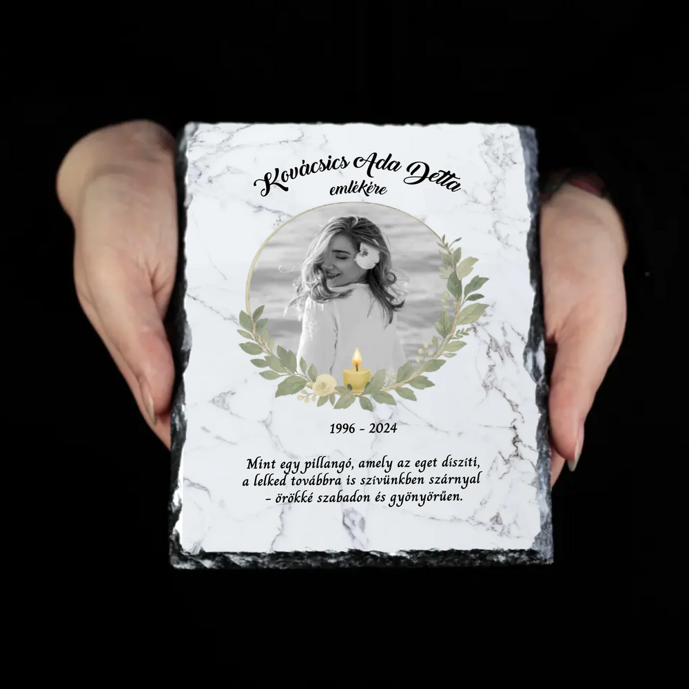 Egyedi fényképes gránitlap megemlékezésre felirattal névvel dátummal