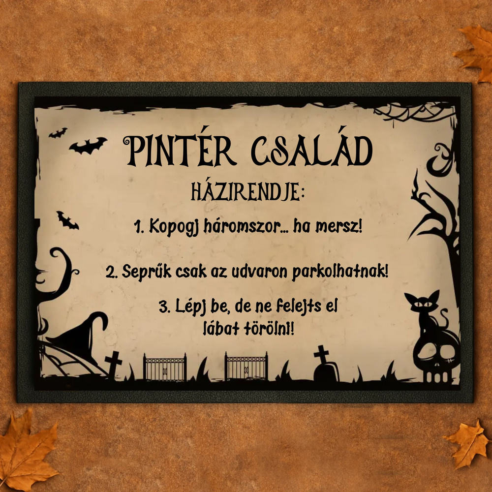 Halloweeni házirend lábtörlő - személyre szabható felirattal