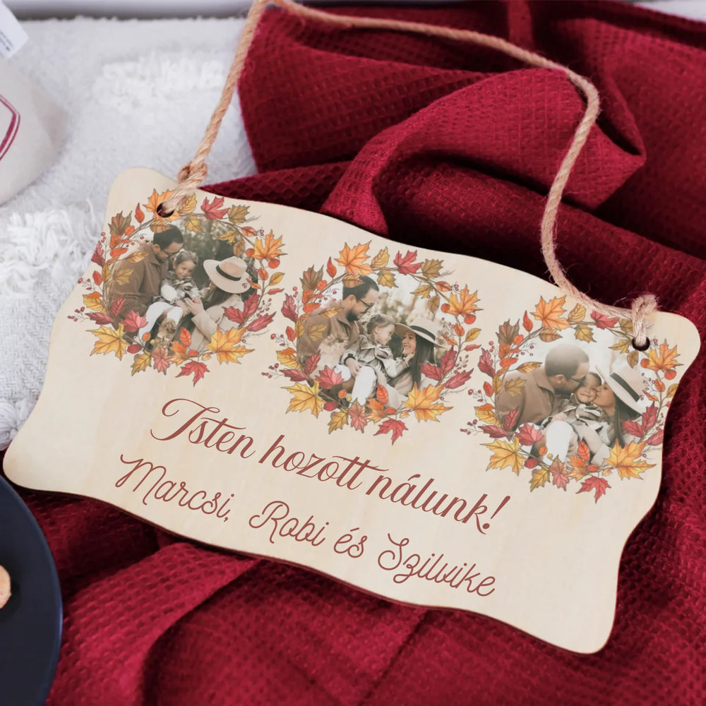 Őszi ajtódísz fatábla egyedi névvel és felirattal három képes