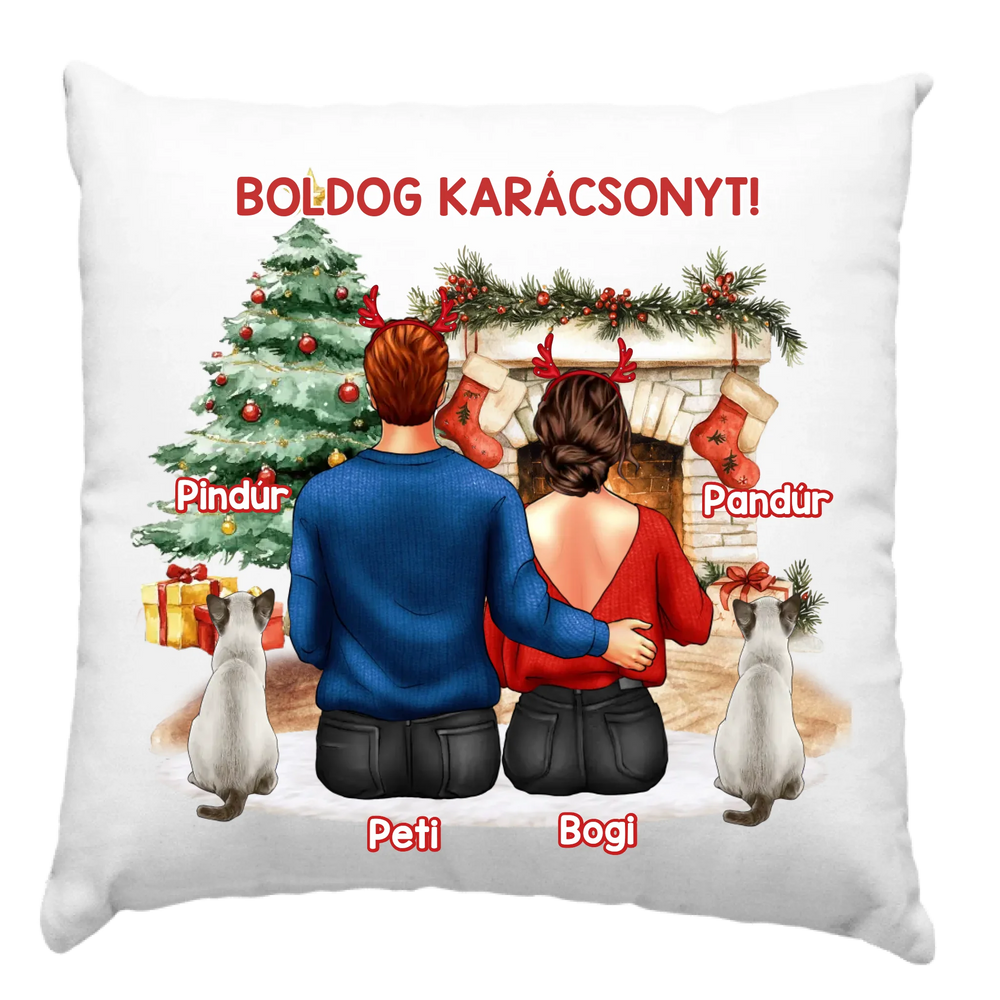 Karácsonyi ajándék párna macskás pároknak fehér alapon
