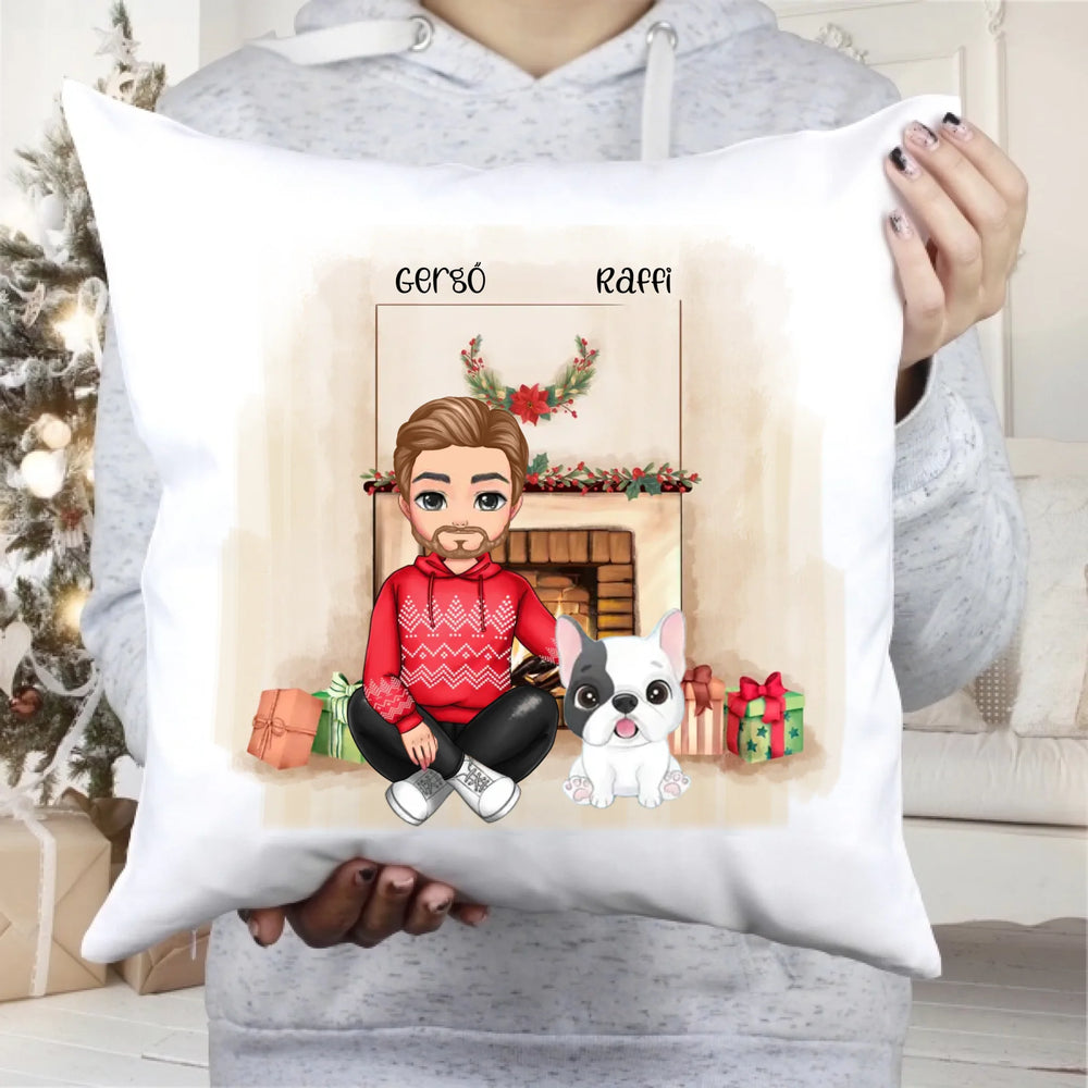 Karácsonyi cukifejű férfi gazdi kutyával