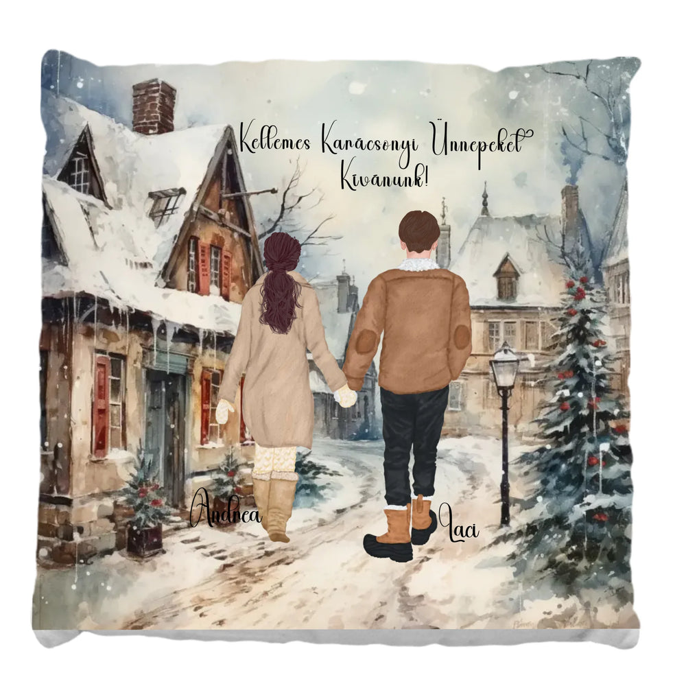 Szerkeszthető karakteres Fullprint párna - Szerelmesek a téli utcán