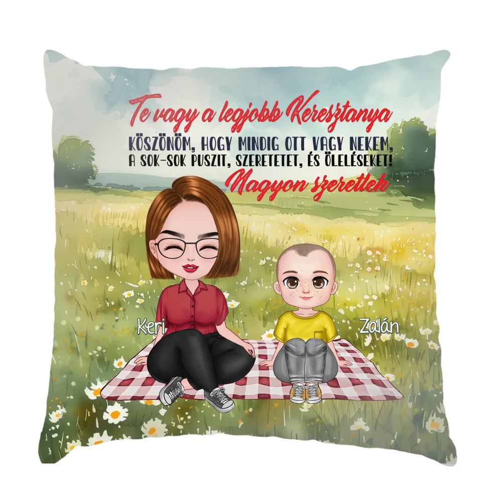 Te vagy a legjobb Keresztanya cuki karakteres egyedi anyák napi ajándék-telinyomatos FullPrint párna
