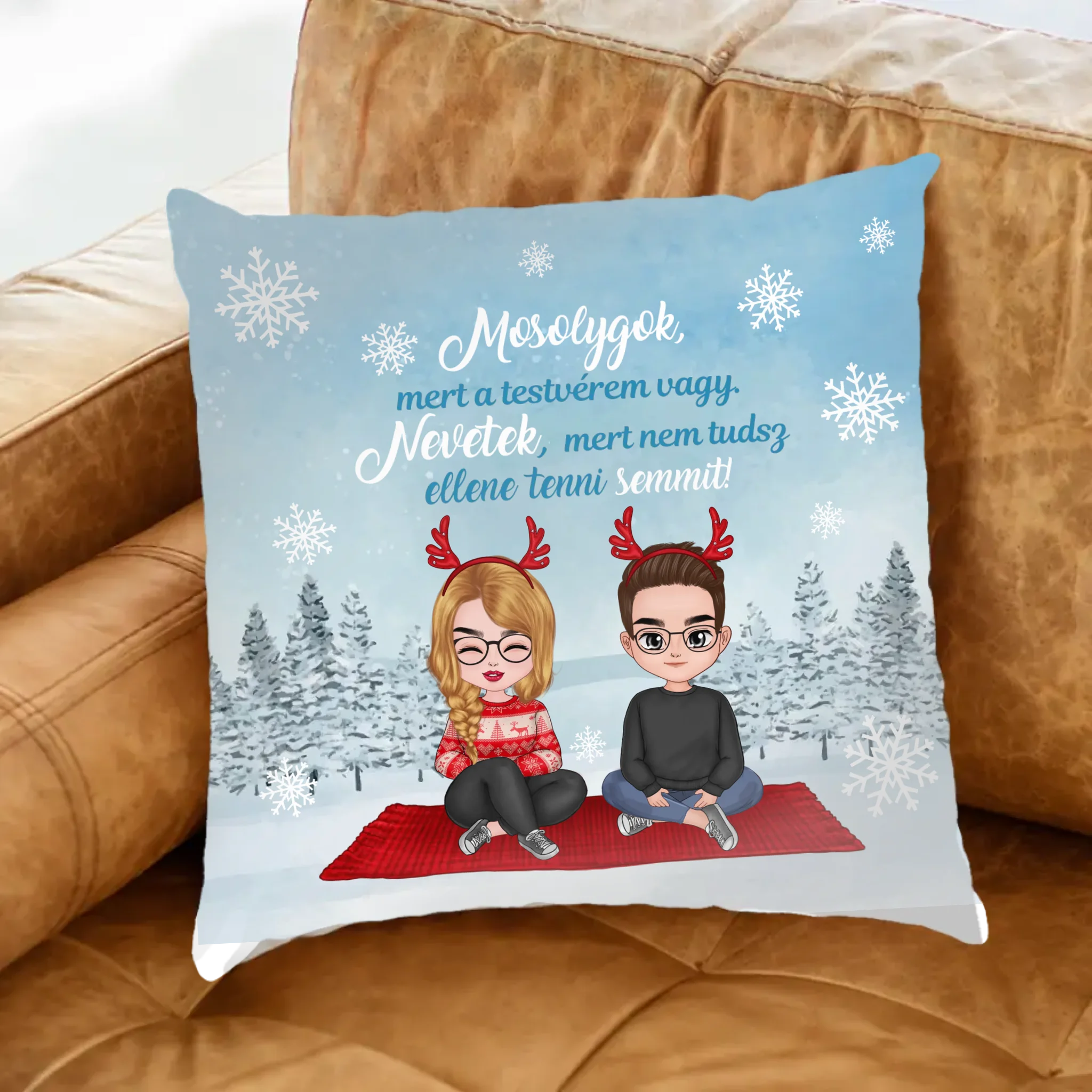 Cuki karakteres karácsonyi ajándék párna Testvéreknek fullprint nyomattal