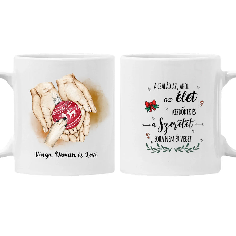 Karácsonyi kéz a kézben bögre tappanccsal és egyedi felirattal