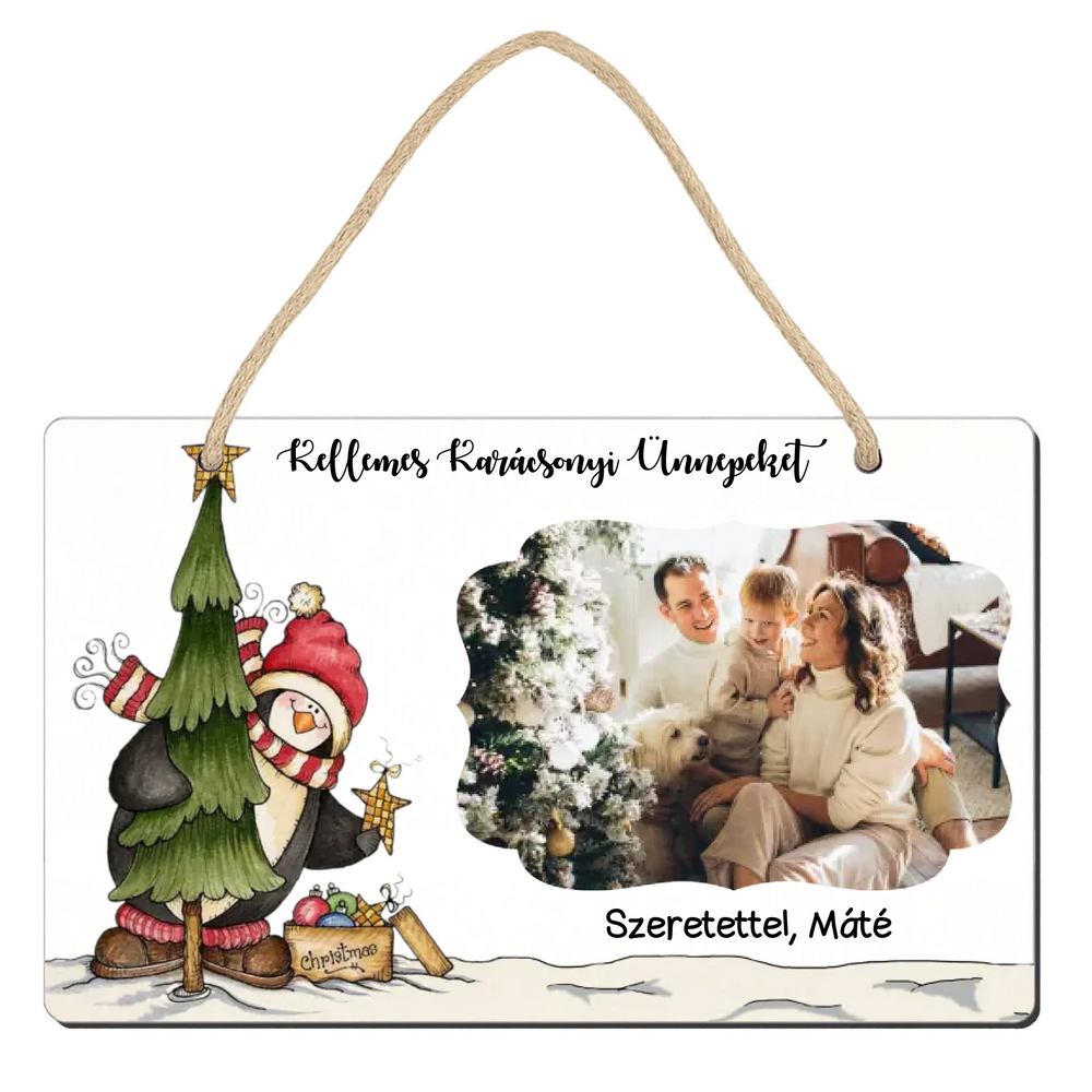 Karácsonyi pingvines tábla dísz egyedi képpel