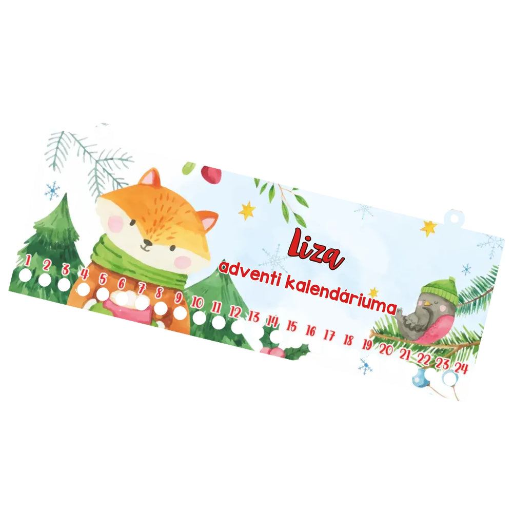 Egyedi neves adventi kalendárium gyerekeknek téli rókás mintával