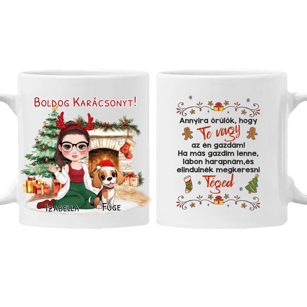 Egyedi karácsonyi bögre kutyás gazdiknak - lányos mintával akár 3 kutyával