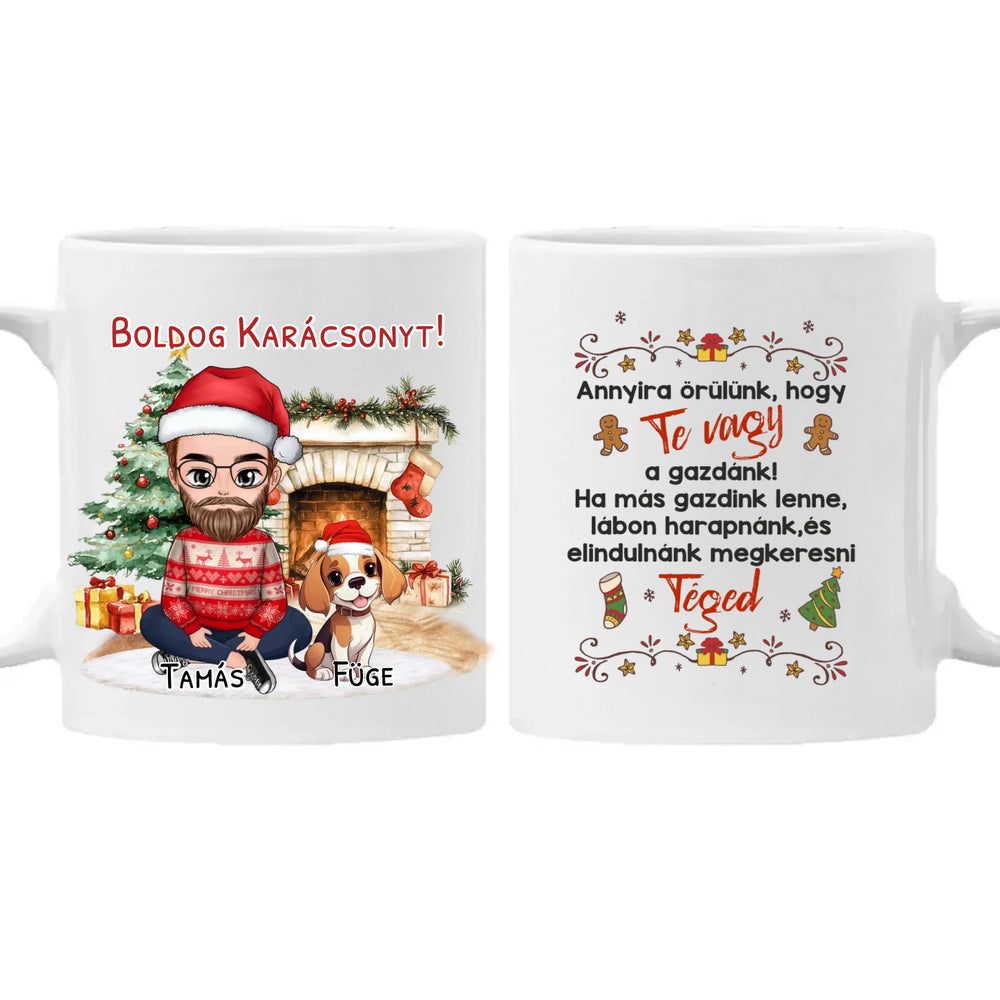 Egyedi karácsonyi bögre kutyás gazdiknak - fiús mintával akár 3 kutyával