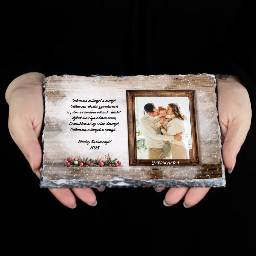 Karácsonyi gránitlap családi fotóval és egyedi felirattal