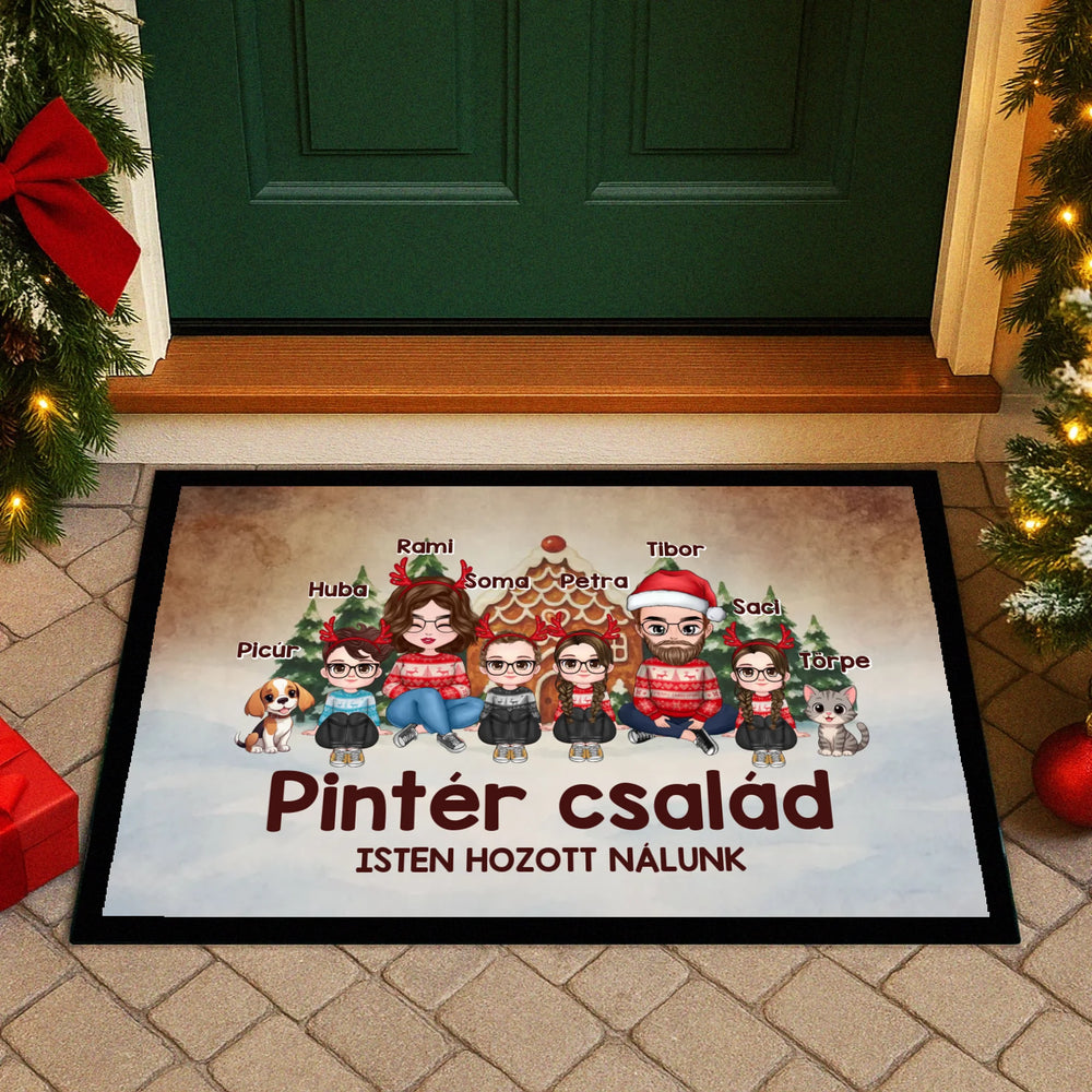 Egyedi karakteres családi karácsonyi lábtörlő 2 kisállattal akár 4 gyerekkel
