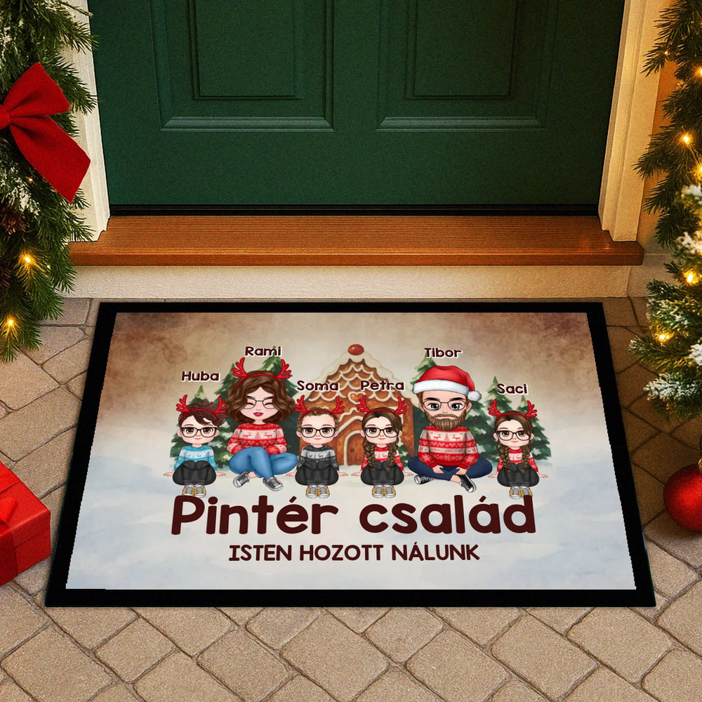 Egyedi karakteres családi karácsonyi lábtörlő akár 4 gyerekkel