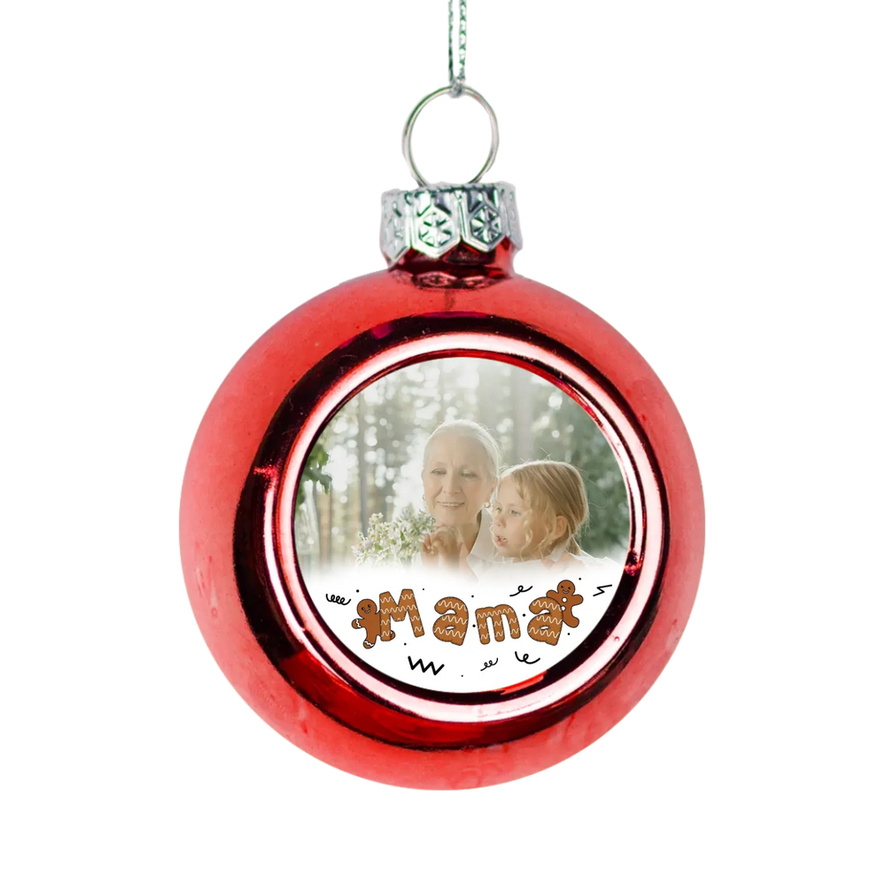 Mézeskalácsos karácsonyi piros gömbdísz egyedi képpel a Mamának