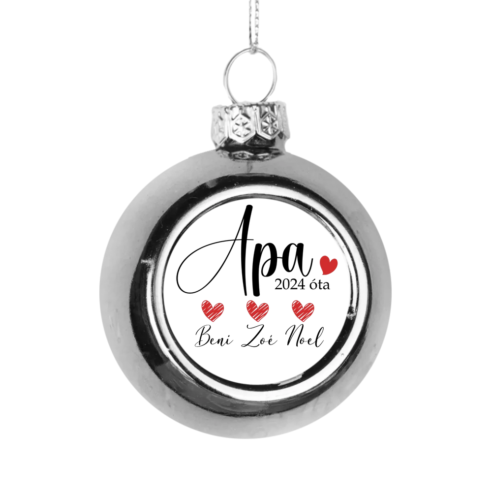Letisztult apás ezüst gömbdísz a gyerekek neveivel