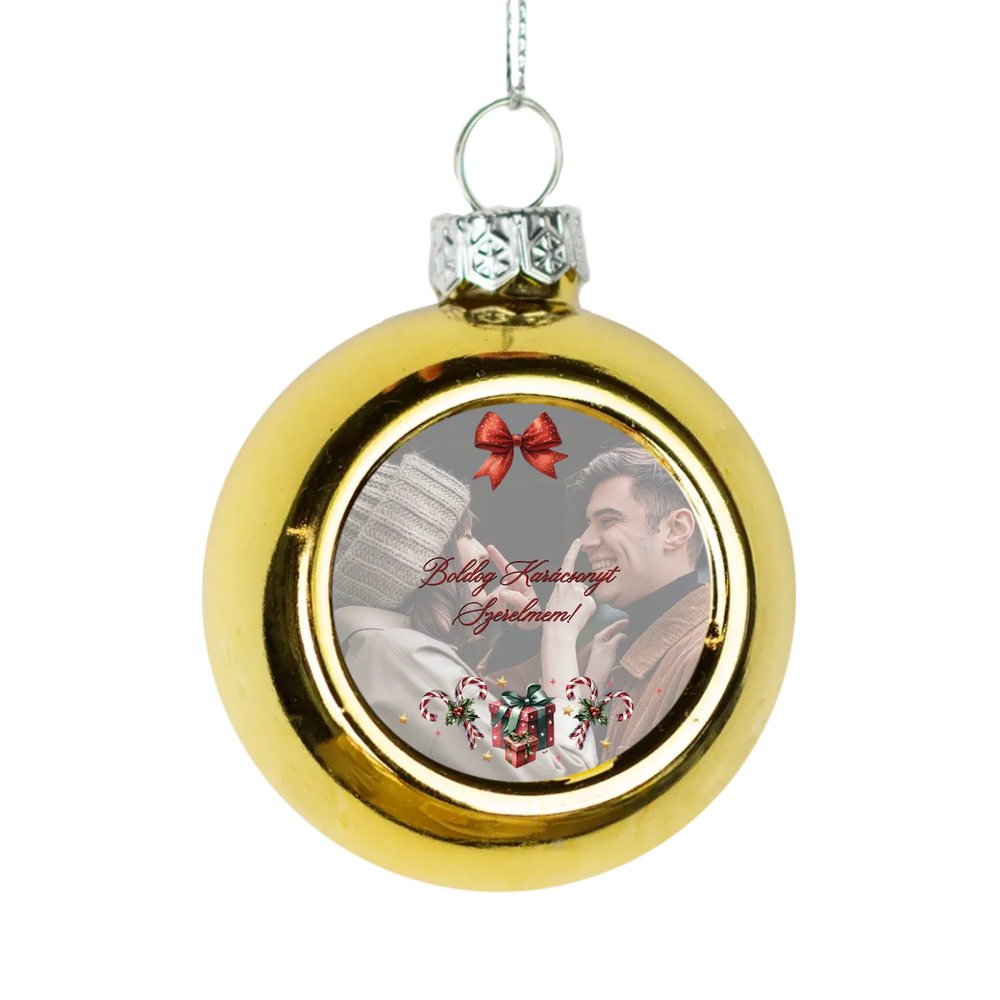Karácsonyi arany gömbdísz saját fényképpel és szívhez szóló üzenettel