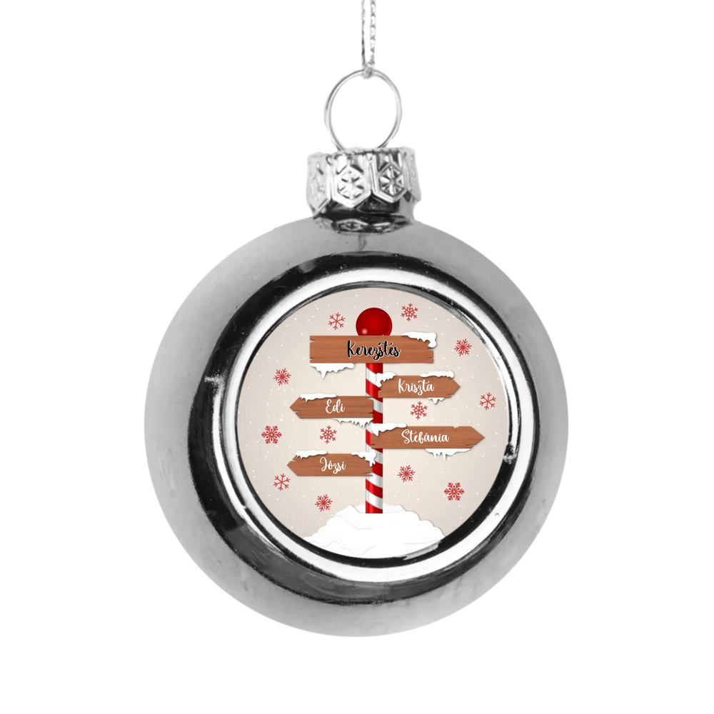 Útmutató karácsonyi ezüst gömbdísz az egész család nevével