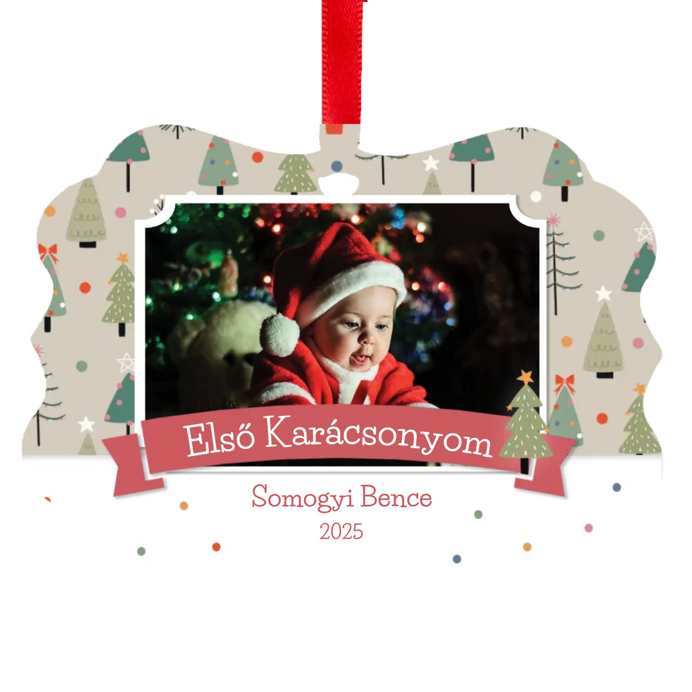 Hosszúkás karácsonyfadísz karácsonyi mintával - saját fotóval és felirattal