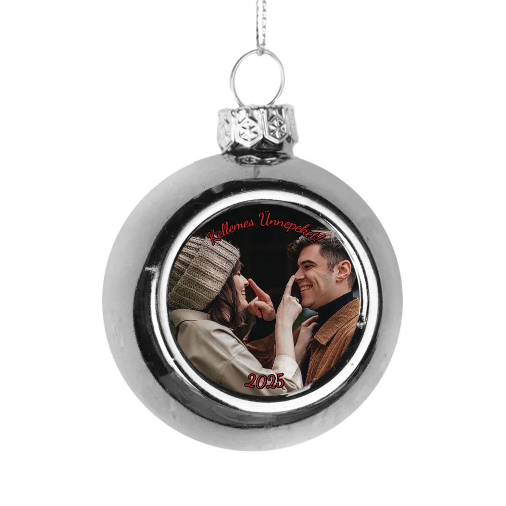 Karácsonyi ezüst gömbdísz saját fényképpel és szívhez szóló üzenettel