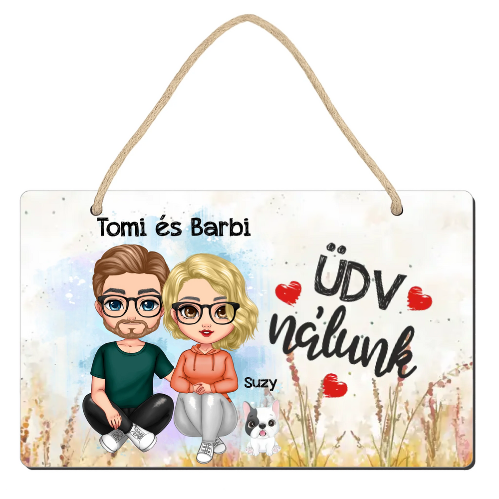 Ajtó kopogtató fa dísztábla szerkeszthető karakterekkel és kutyával