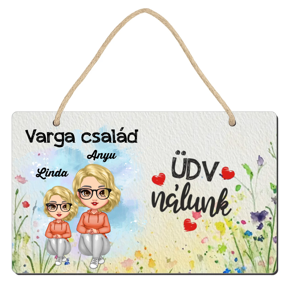 Ajtó kopogtató fa dísztábla szerkeszthető Anya és gyerekek karakterekkel