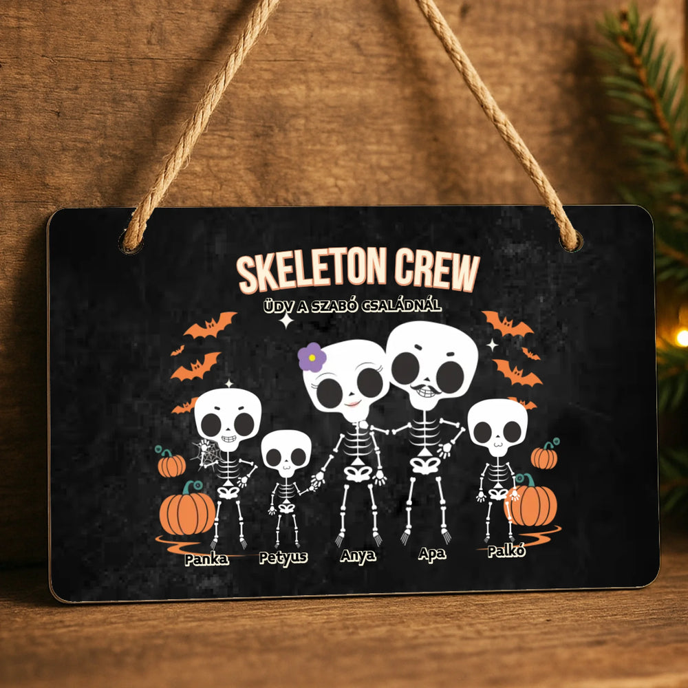 Személyre szabható őszi Halloweeni fali dekor tábla - Skeleton Crew családi ajándék