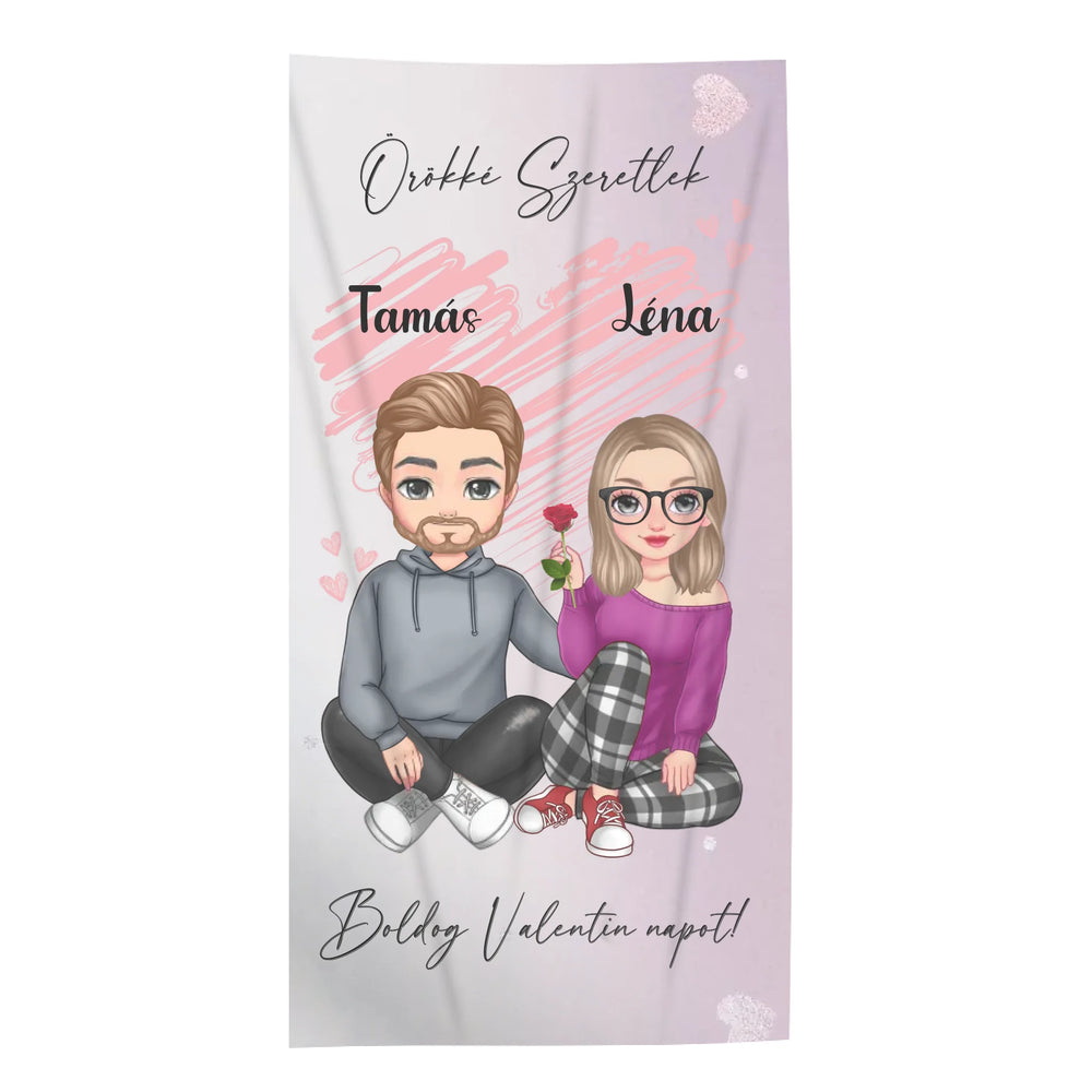 Szerkeszthető cuki karakteres törölköző Valentin napra