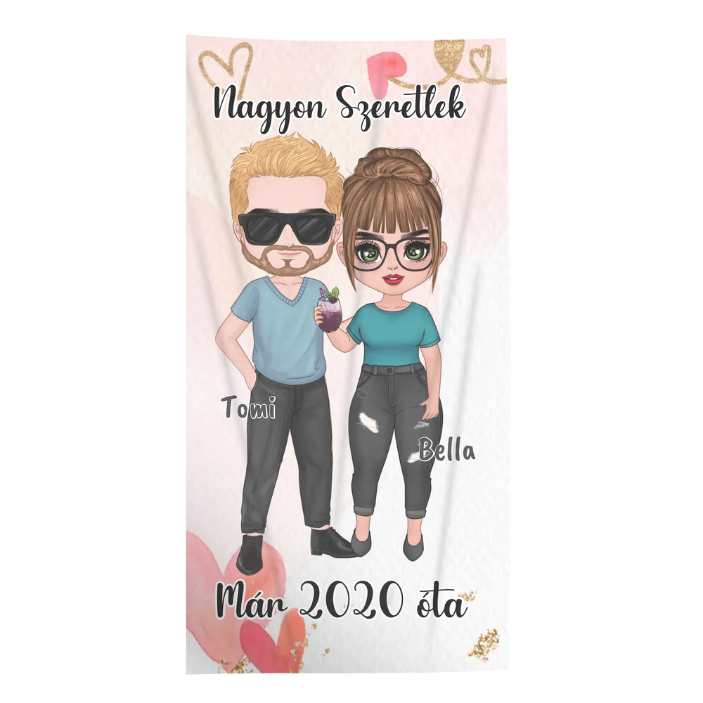 Szerkeszthető karakteres törölköző egyedi felirattal Valentin-napra
