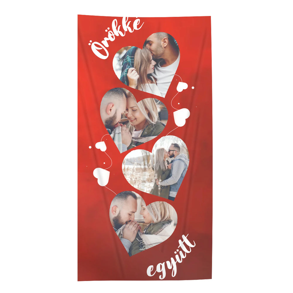 Egyedi képes szivecskés törölköző szerkeszthető felirattal pároknak