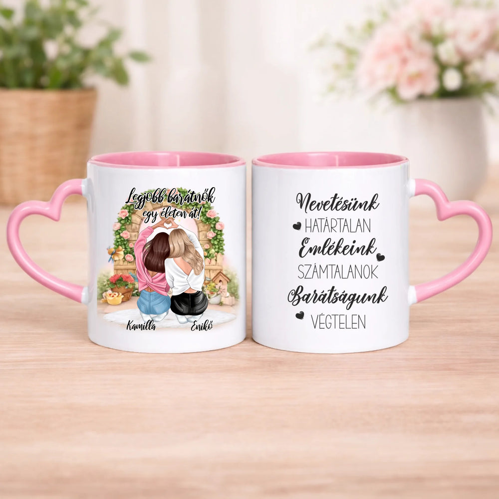 rózsazsín szív fülű bögre duplaSzemélyre szabható legjobb barátnők ajándék bögre