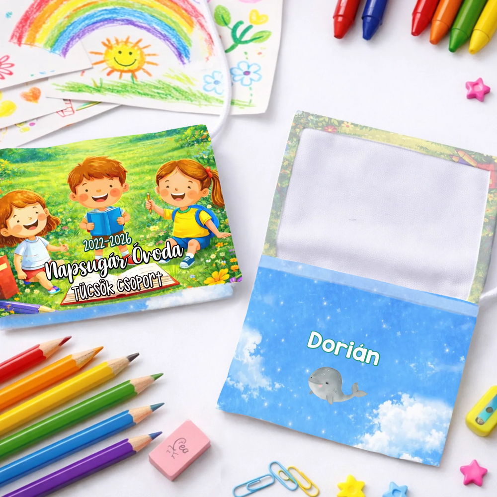 Személyre szabható ovis ballagási tarisznya - telinyomtaos mintával, névvel és jellel 2