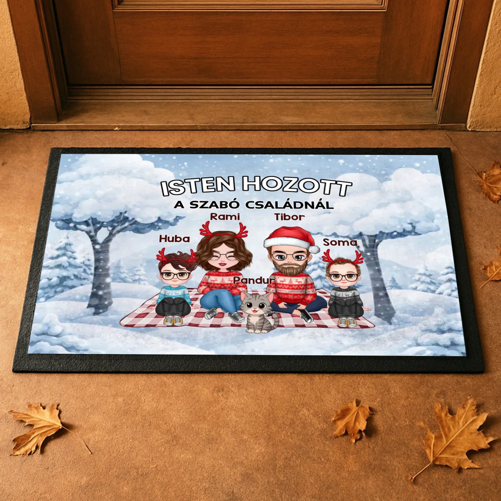 Személyre szabható téli lábtörlő - egyedi családi ajándék akár 4 kisálattal