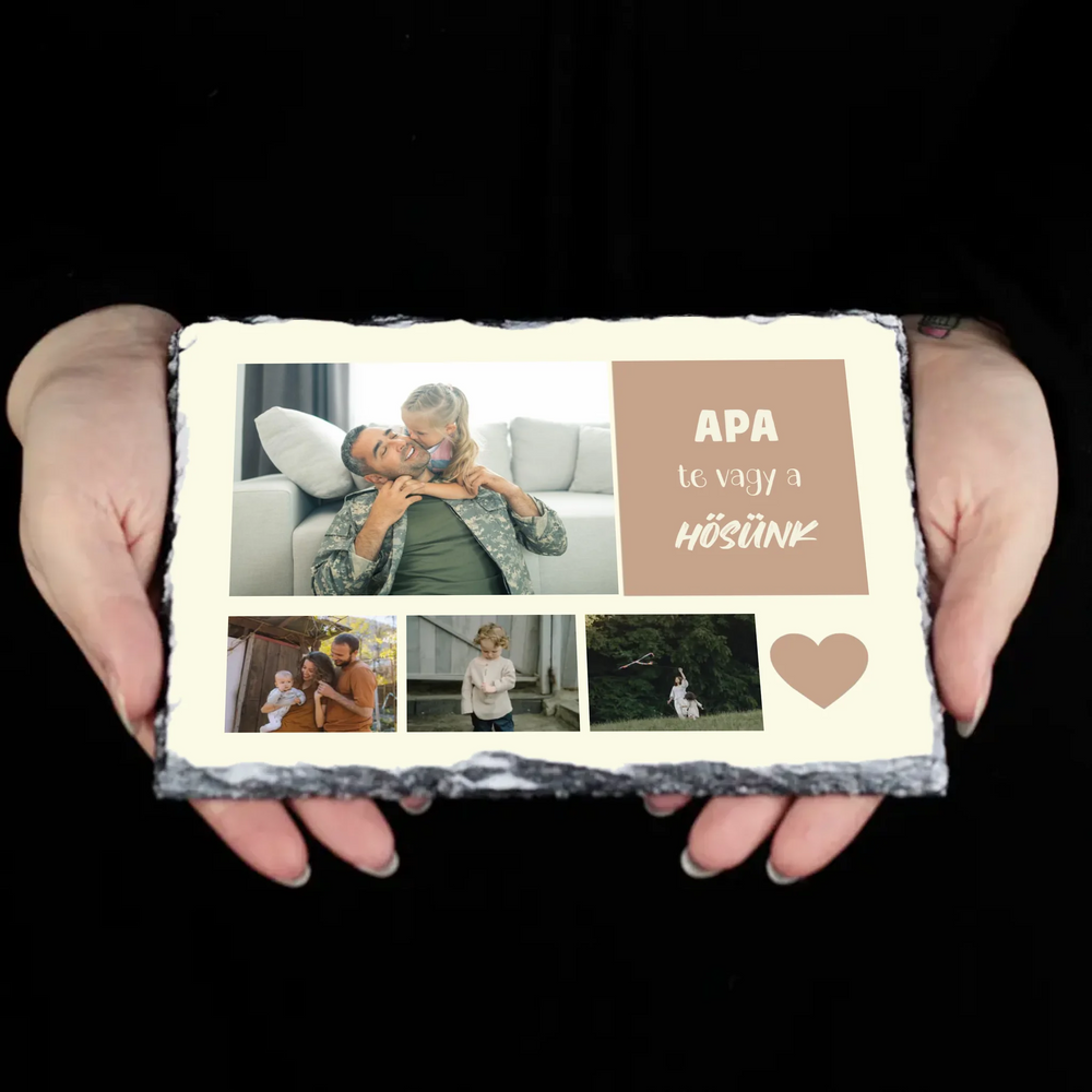 Egyedi fényképes gránitlap apák napjára 4 képpel és felirattal