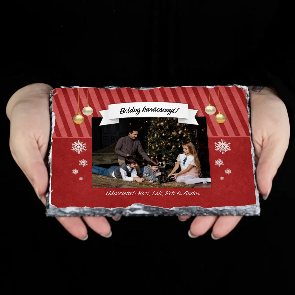 Karácsonyi gránitlap felirattal egyedi névvel és fotóval